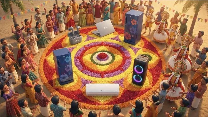 Cellecor appliances arranged on a giant Onam pookalam surrounded by dancers