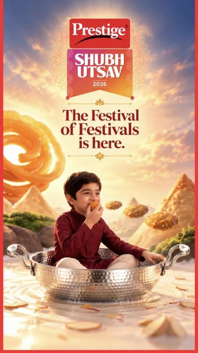 A boy eating sweets while floating in a Prestige kadai on a river of milk