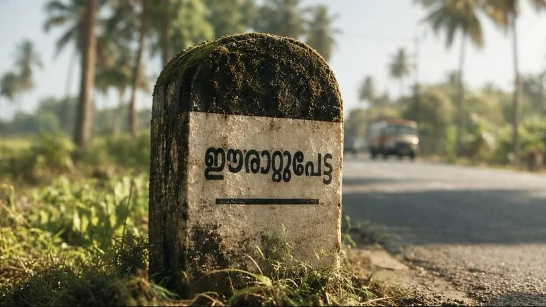 A moss-covered milestone reading Erattupetta beside a Kerala road